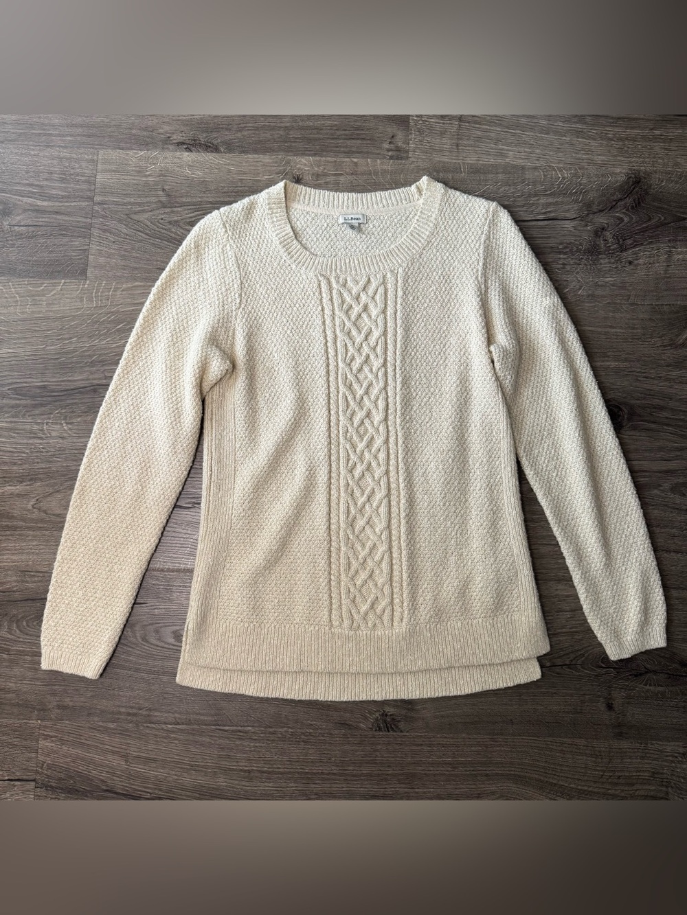 L.L. Bean Cream Textured Cable-Center Crewneck Sweater